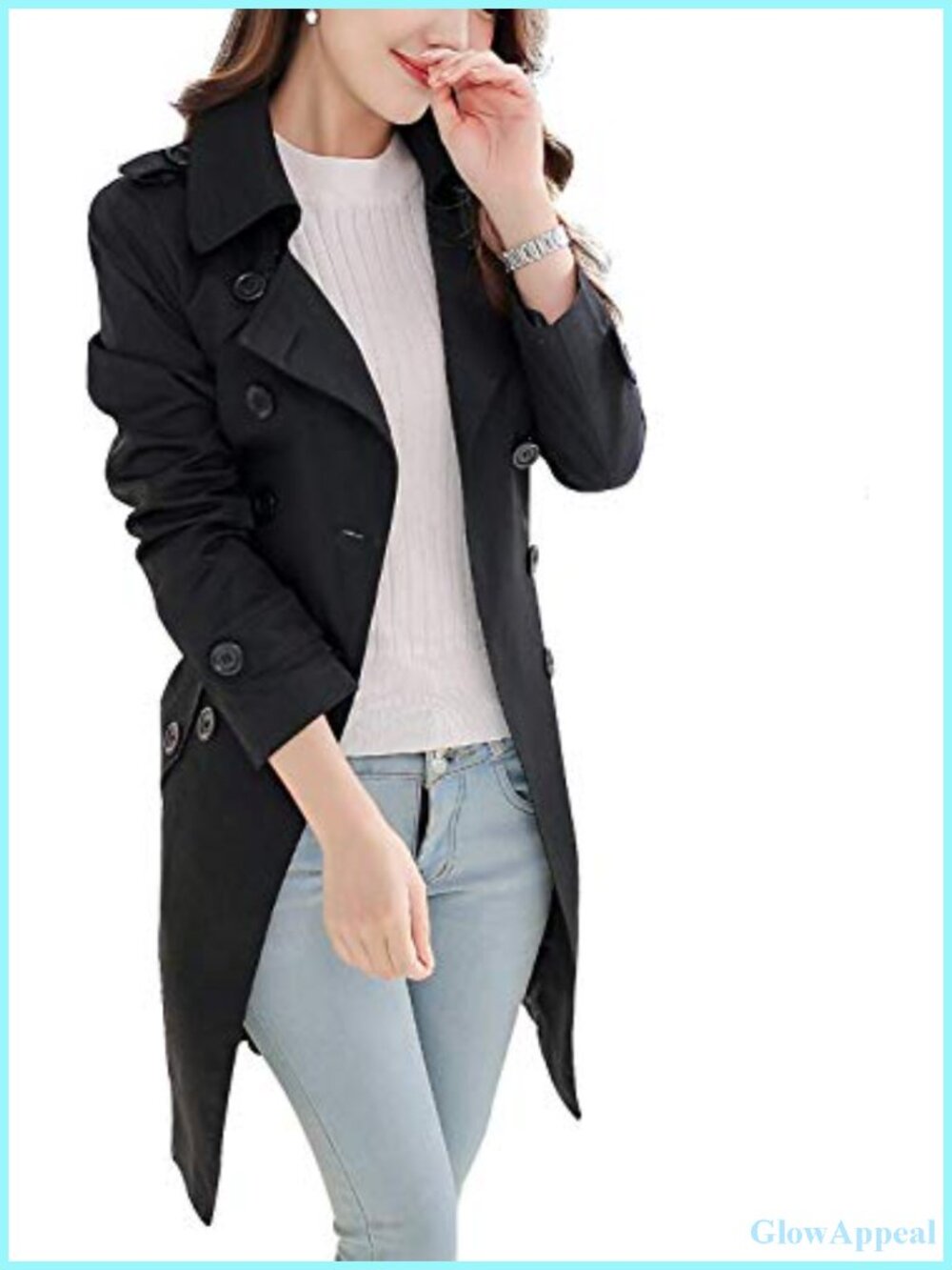 Women's Double-Breasted Trench Coat Long Sleeve Notch Collar Slim Fit Polyester